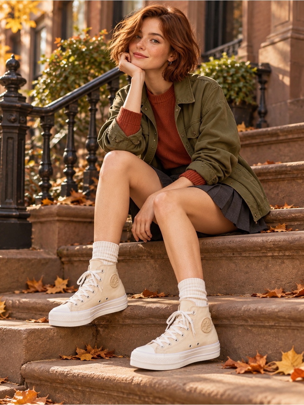 Canvas High-Top Sneakers in Beige